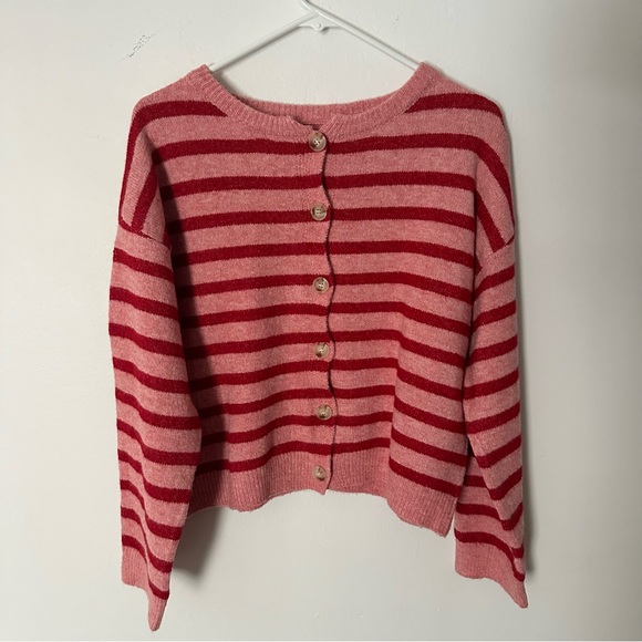 Cozy Striped Button-Up Sweater Cardigan in Pink & Red - Picture 4 of 7